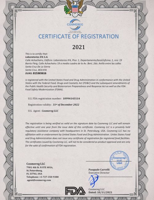 Food facility Registration certificate Laboratorios IFA S.A. STAMPED